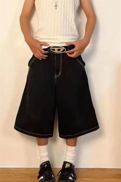 Siyah Yıkamalı Retro Kısa Paçalı Kot Şortolon