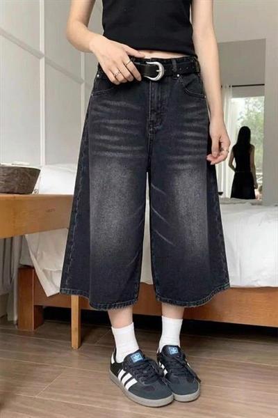 Siyah Yıkamalı Retro Kısa Paçalı Y2K Kot Şortolon