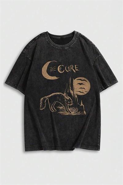 Siyah Yıkamalı The Cure Cat Y2K Unisex T-Shirt