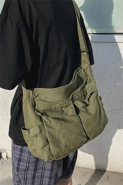 Vintage Unisex Kargo Cep Iç Hacmi Geniş Haki Yeşil Postacı Çanta