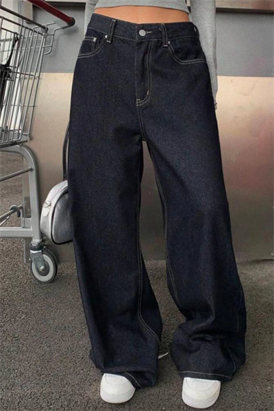 Wide Leg Taşlamalı Y2K Denim Jean