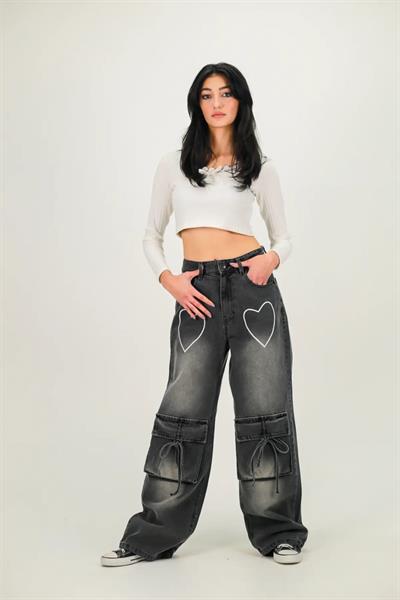 Y2k Baggy White Heart Detail Siyah Jean