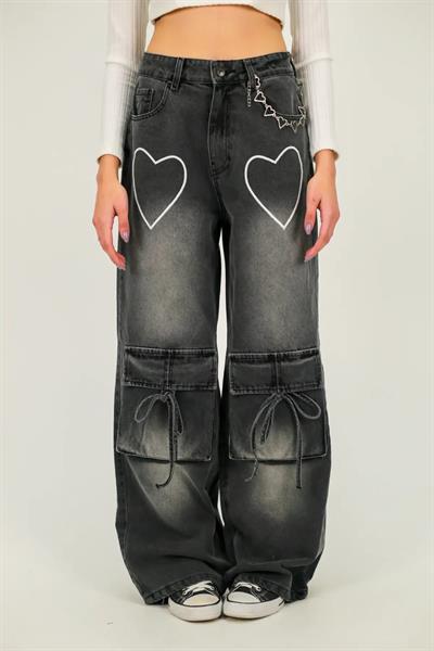 Y2k Baggy White Heart Detail Siyah Jean