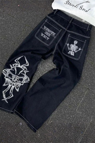 YENİ Beyaz Nakışlı Skeleton The Best And Hardcore Y2K Jean