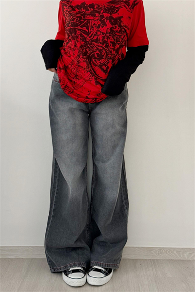 YENİ Gri Double Fire Skull Yıkamalı Y2K Jean