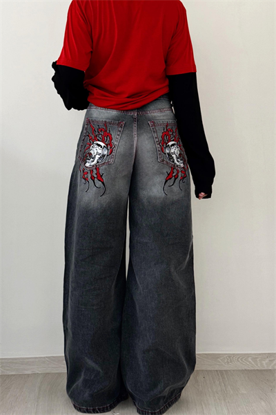 YENİ Gri Double Fire Skull Yıkamalı Y2K Jean