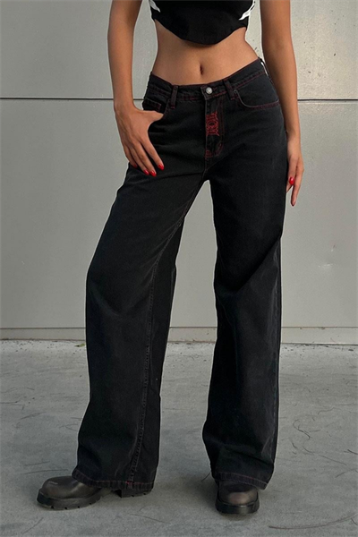 YENİ Kırmızı Nakışlı Skeleton The Best And Hardcore Y2K Jean