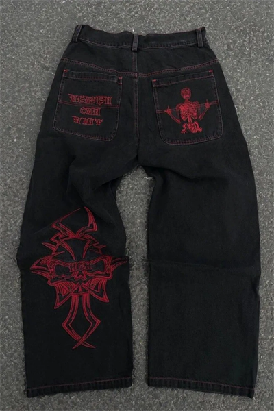 YENİ Kırmızı Nakışlı Skeleton The Best And Hardcore Y2K Jean
