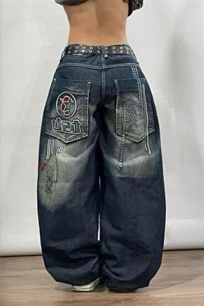 YENİ Lacivert D2T Vintage Yıkamalı Baggy Y2K Pantolon