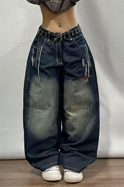 YENİ Lacivert D2T Vintage Yıkamalı Baggy Y2K Pantolon