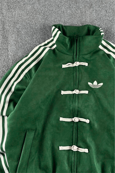 Yeşil Üç Şeritli Y2K Unisex Chinese Ceket