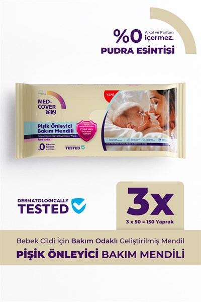 Med-Cover Baby Pişik Önleyici Bakım Mendili – Pudra Esintisi  / 50li x 3 Avantaj Paketi 