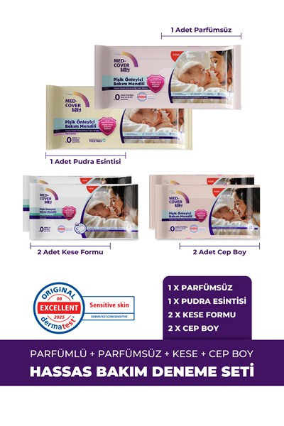 MED-COVER Baby Pişik Önleyici Bakım Mendil Seti – Parfümlü 50li  + Parfümsüz 50li + 2 Kese + 2 Cep Boy