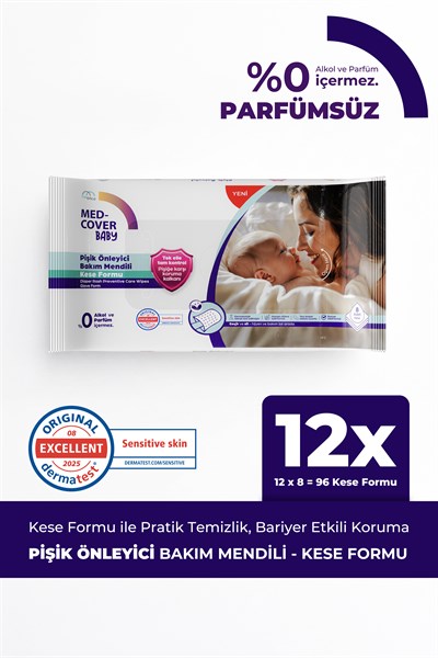 Med-Cover Baby Pişik Önleyici Bakım Mendili – Kese Formu 8'li x 12 Avantaj Paketi