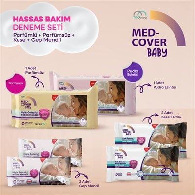 MED-COVER Baby Pişik Önleyici Bakım Mendil Seti – Parfümlü 50'li  + Parfümsüz 50'li + 2 Kese + 2 Cep Boy