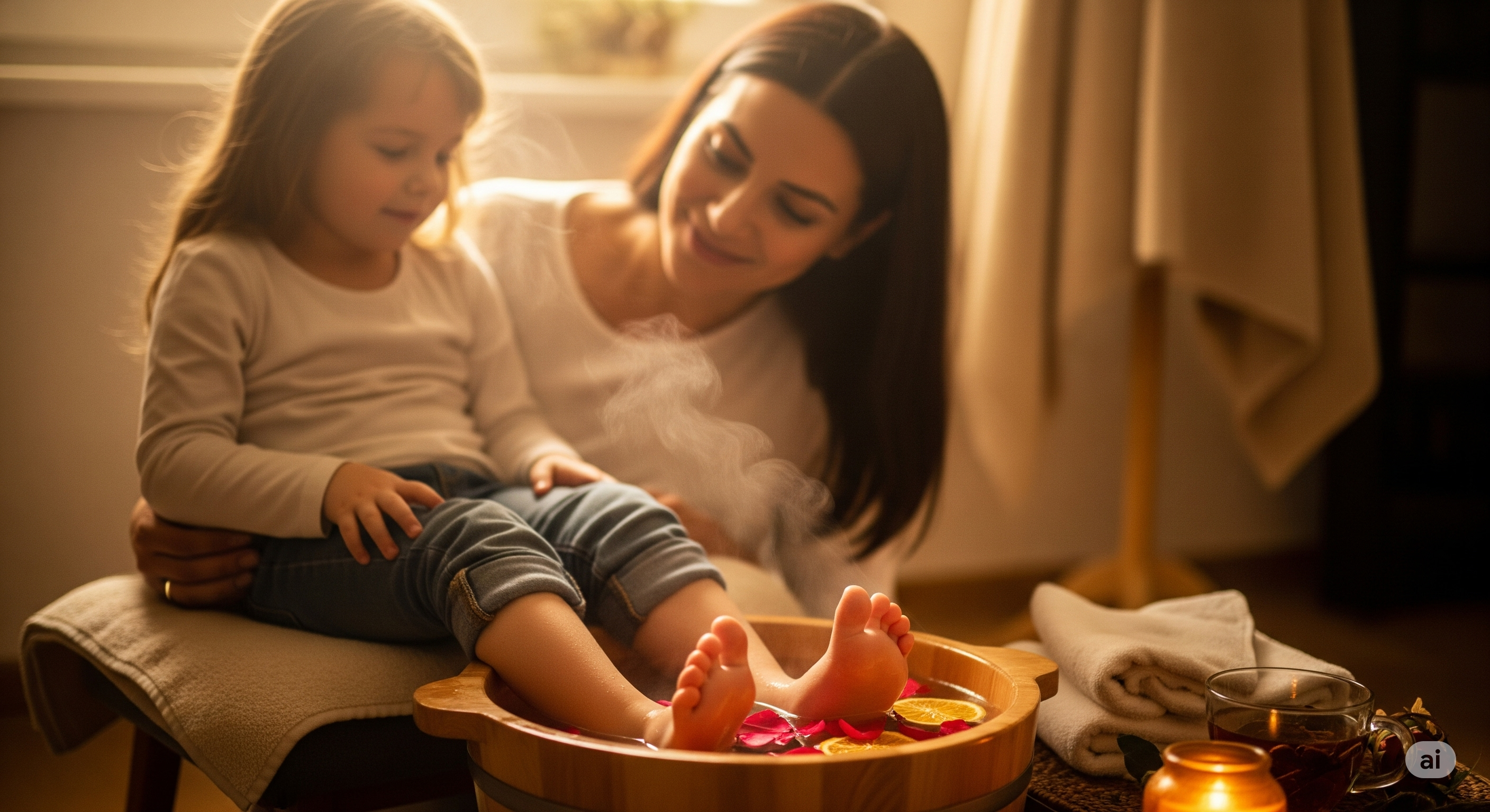 Bir ebeveyn ve çocuğun birlikte ayak banyosu yaptığı samimi bir anı gösteren fotoğraf