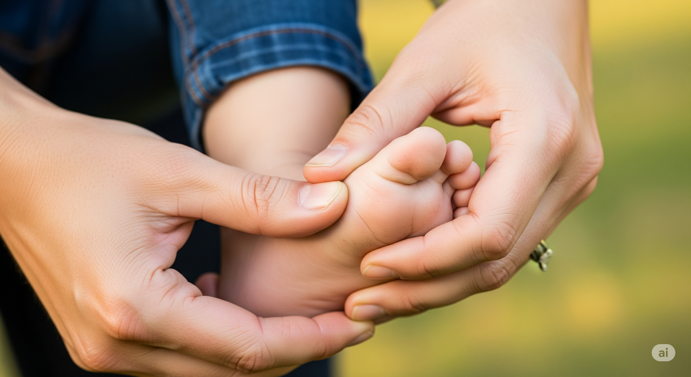Bir ebeveynin çocuğunun ayağını dikkatle incelemesini gösteren yakın çekim bir fotoğraf