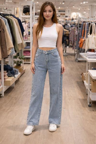 Yüksek Bel Açık Mavi Taş Detaylı Wide Leg Jean