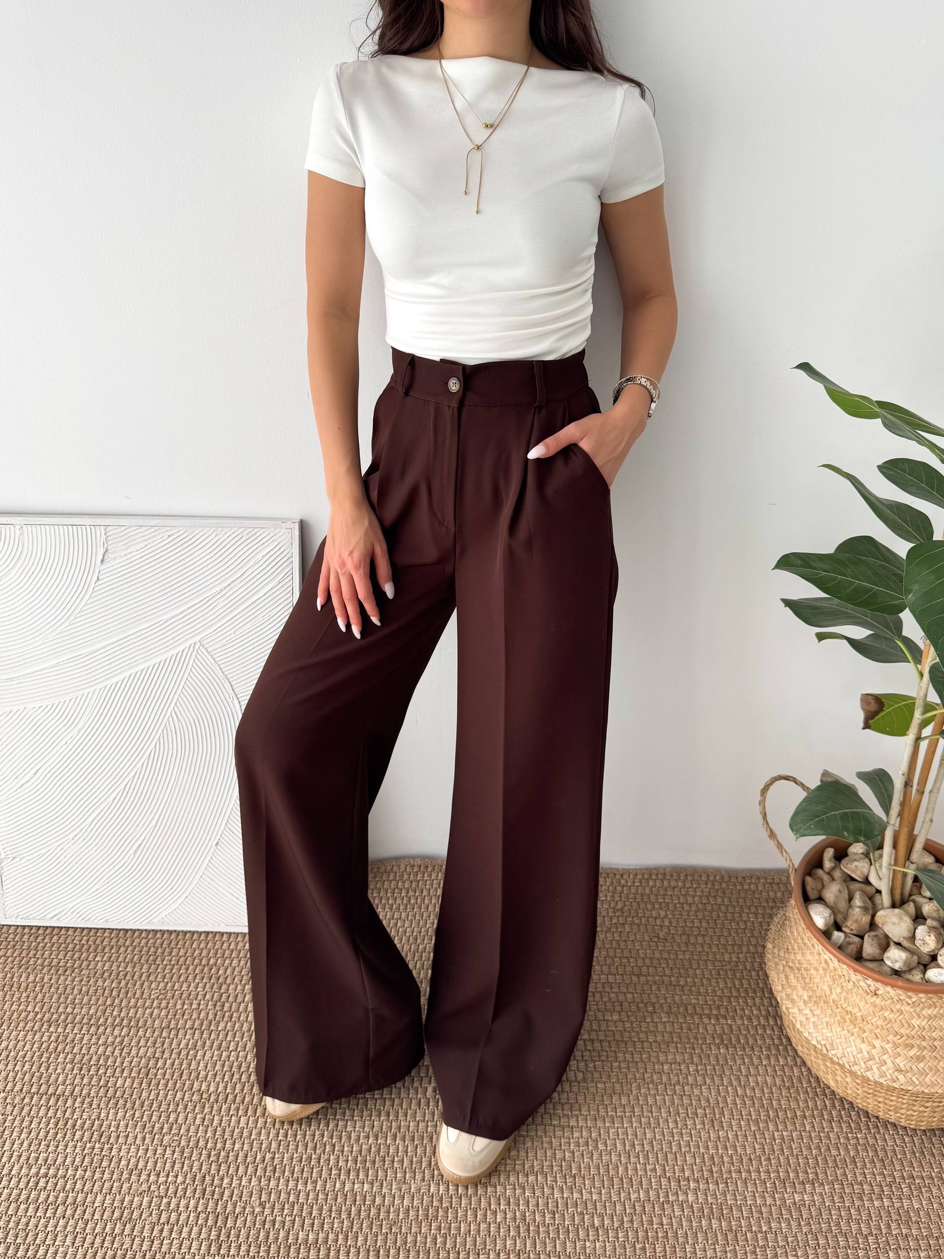 ARKA LASTİK DETAY KAHVERENGİ PALAZZO PANTALON