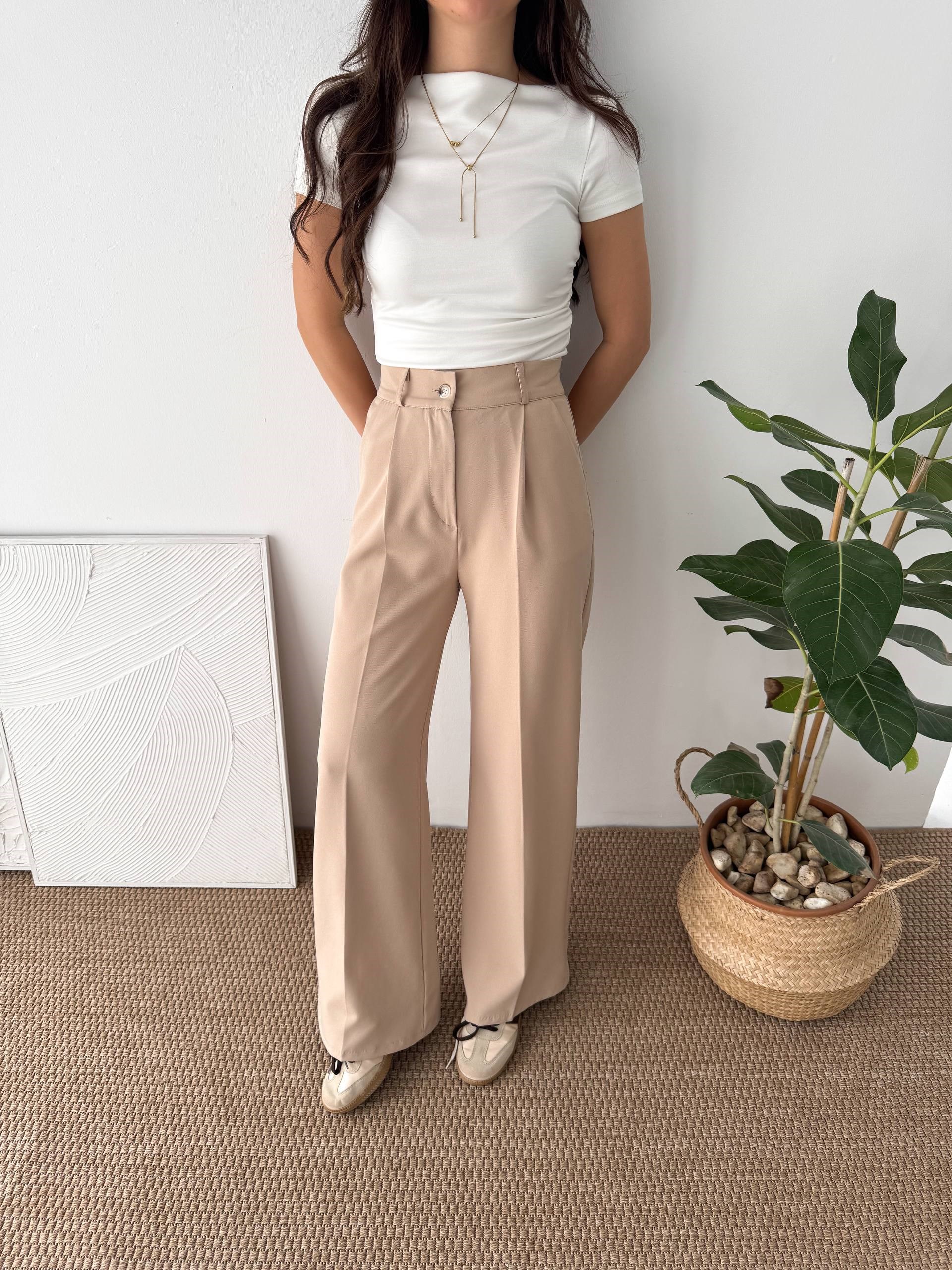 ARKA LASTİK DETAY KREM PALAZZO PANTALON