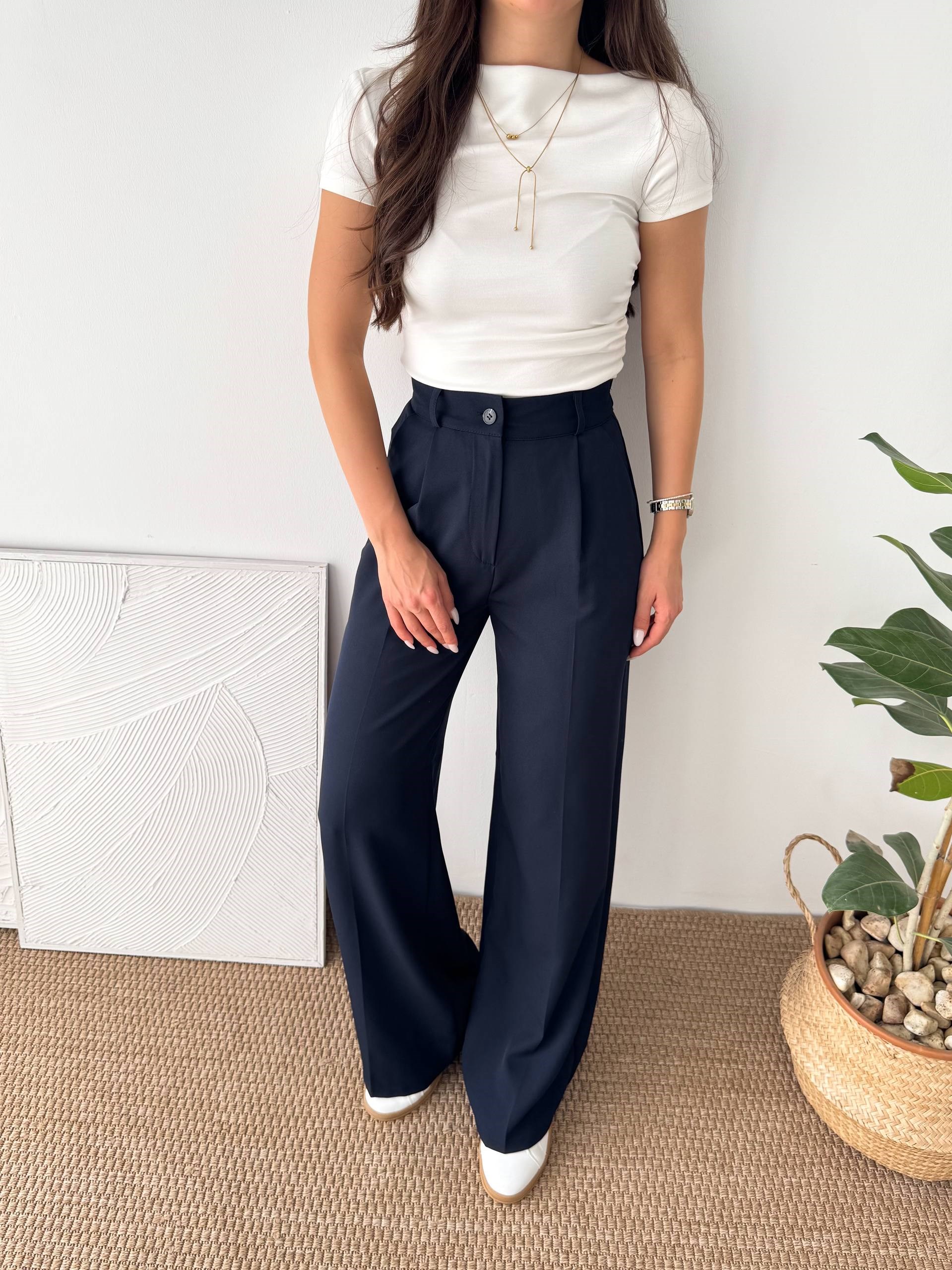 ARKA LASTİK DETAY LACİVERT  PALAZZO PANTALON