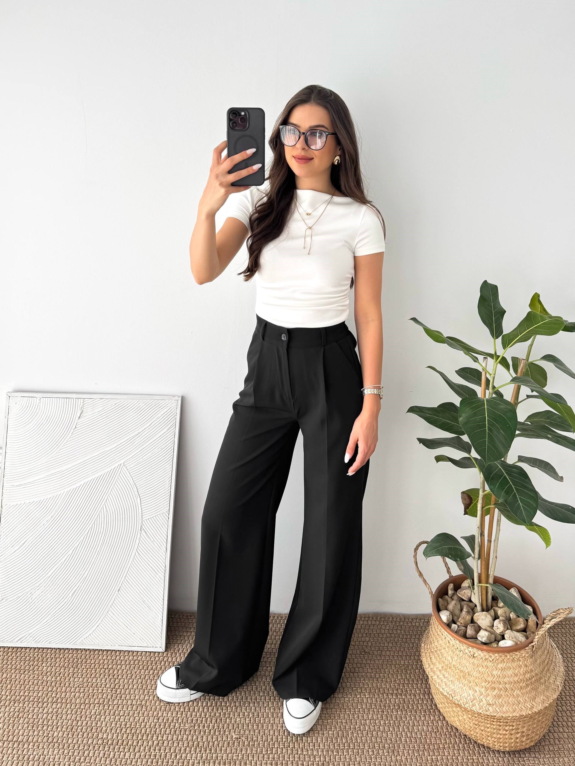 ARKA LASTİK DETAY SİYAH PALAZZO PANTALON