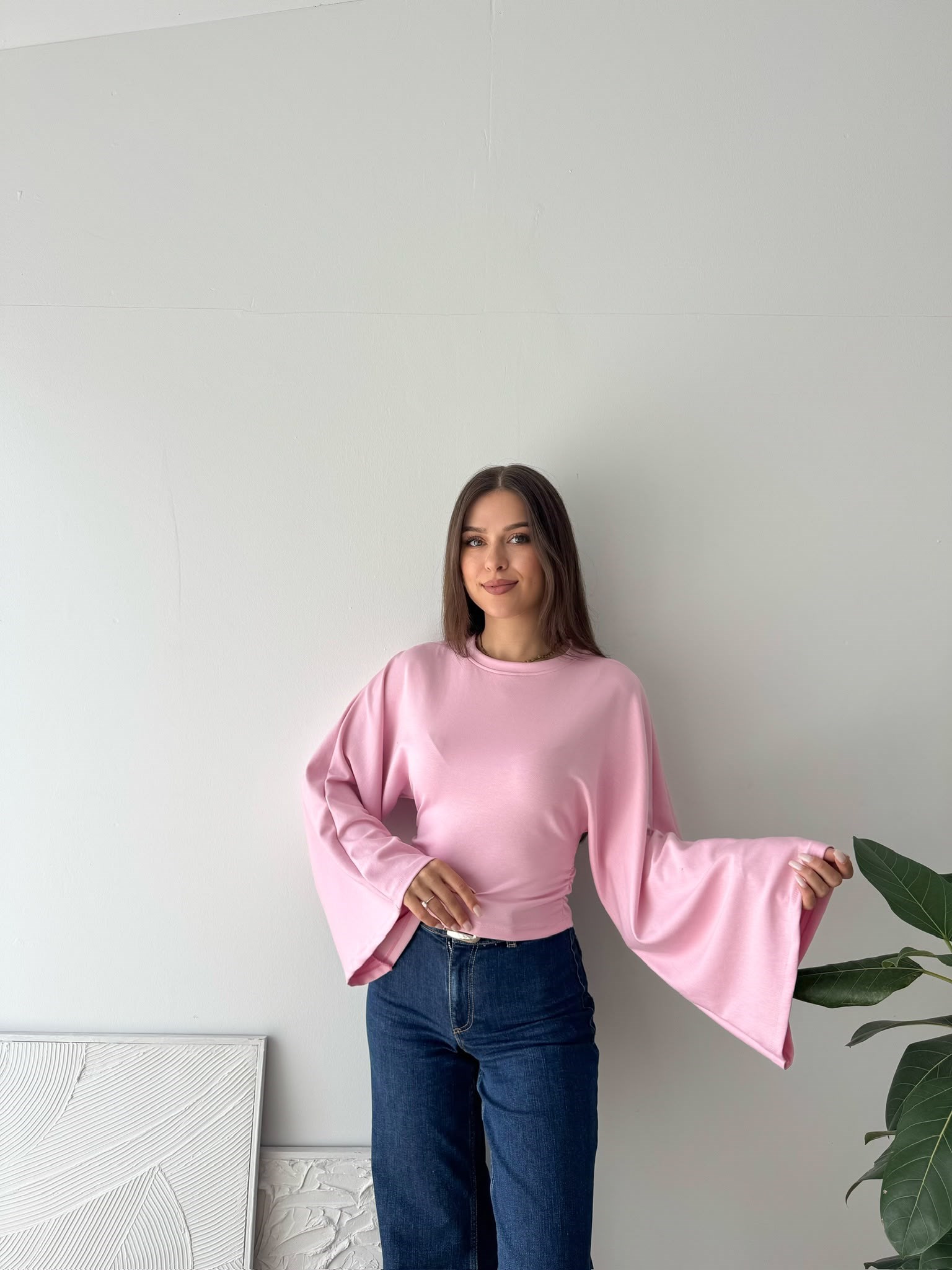 BEL BÜZGÜLÜ UZUN KOL PEMBE BLUZ