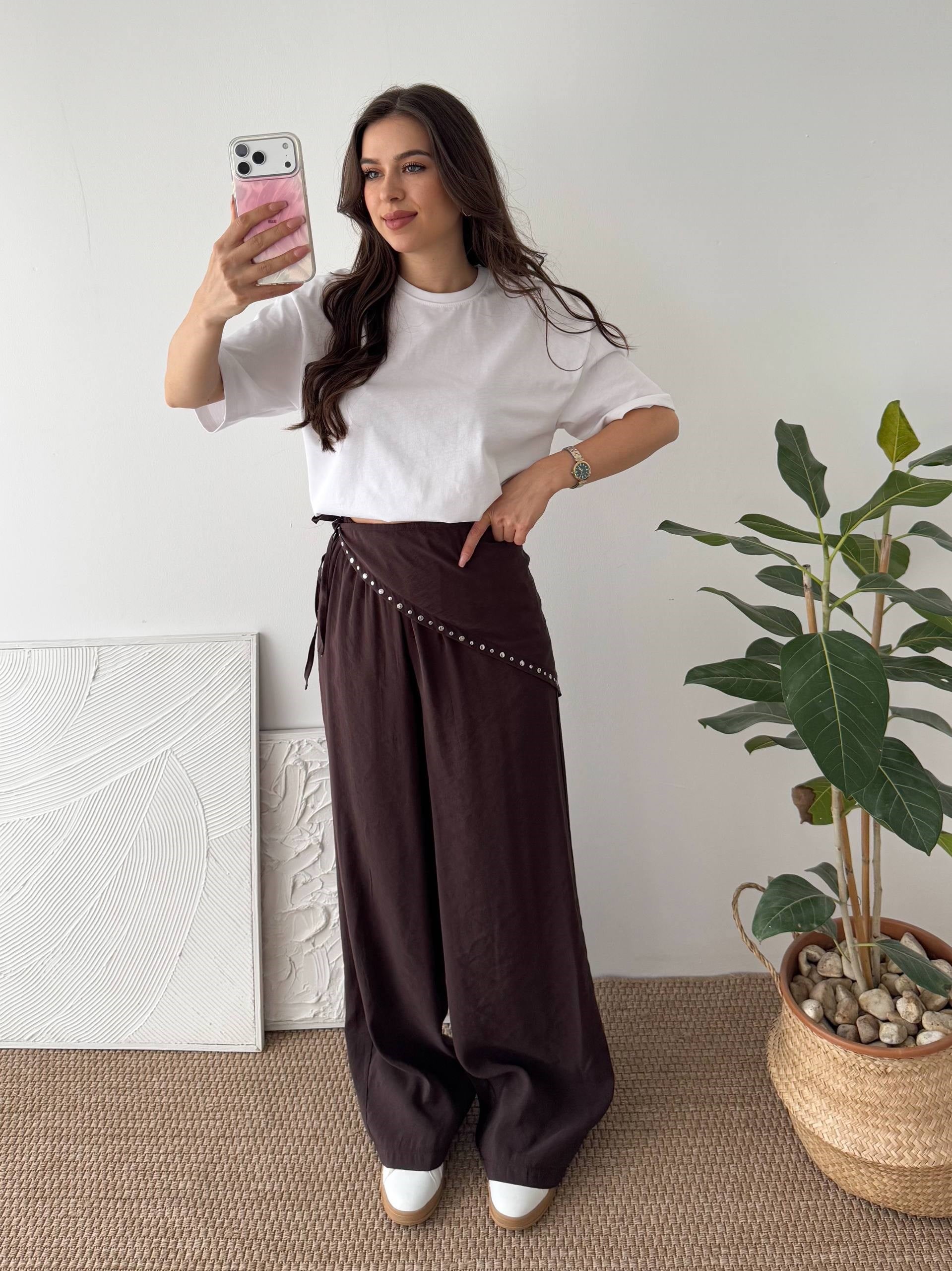 EŞARP DETAY KAHVERENGİ PANTALON