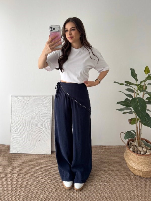 EŞARP DETAY LACİVERT PANTALON