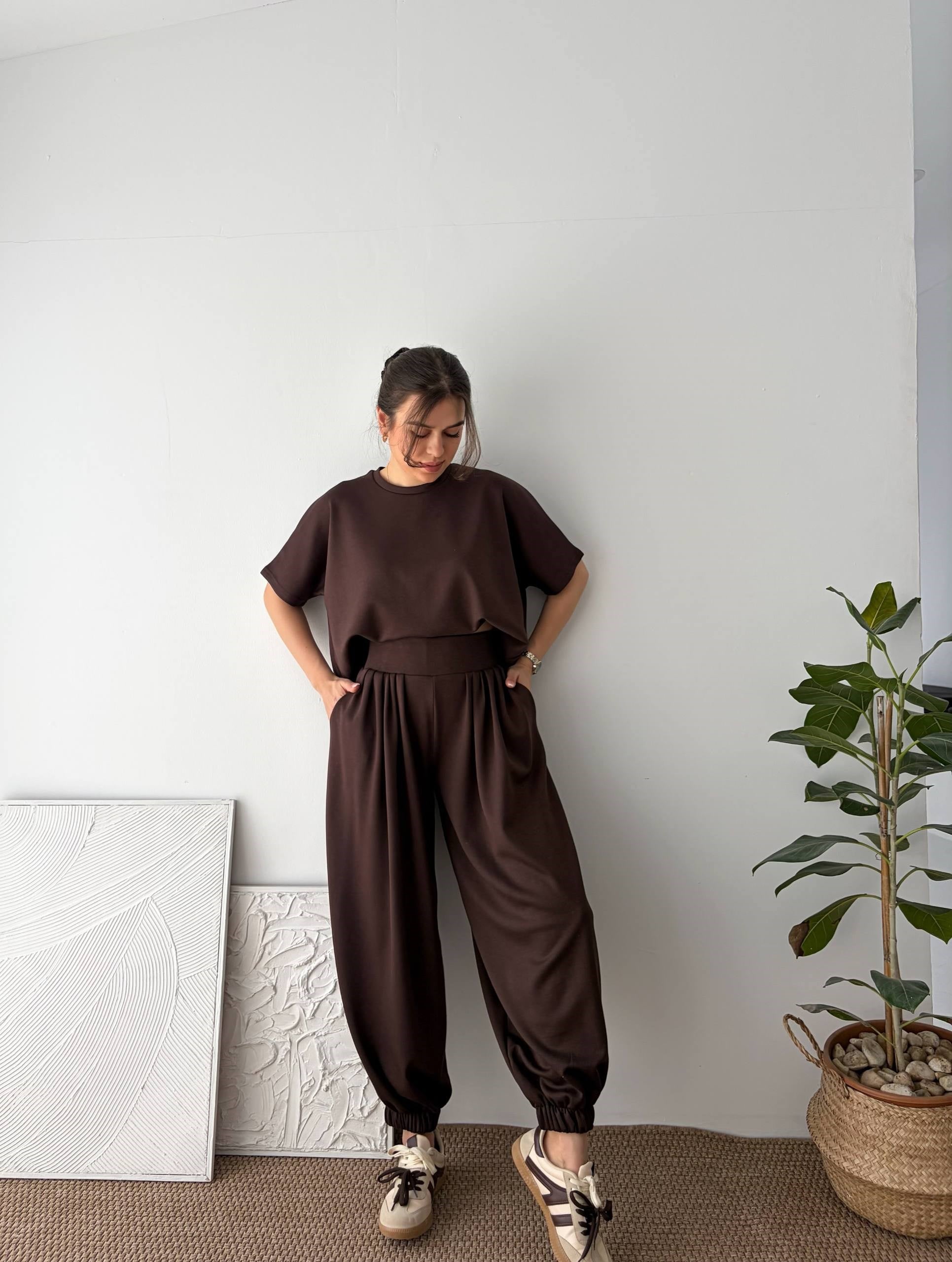 PİLELİ JOGGER KAHVERENGİ TAKIM