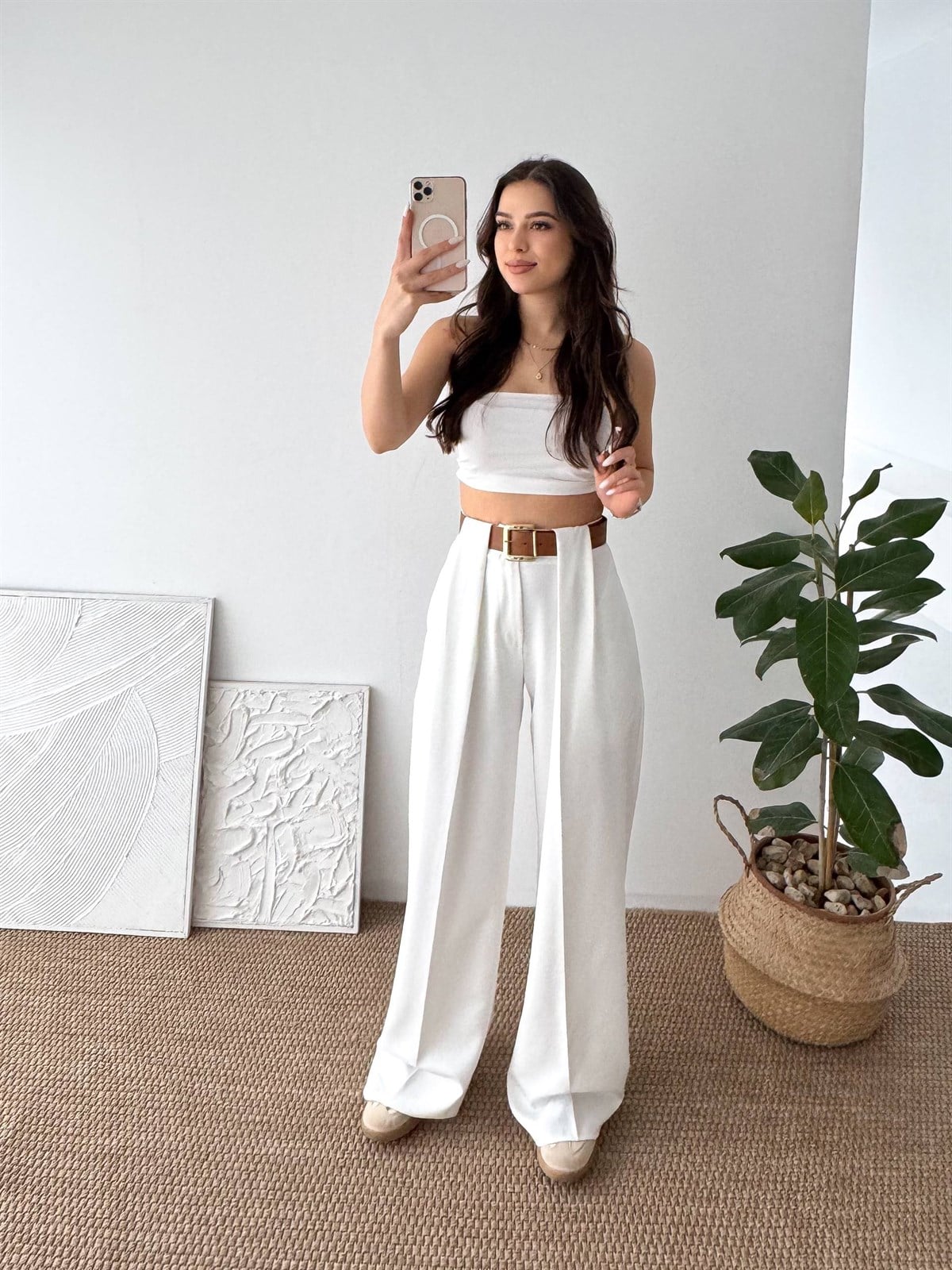 DOUBLE KUMAŞ KEMERLİ BEYAZ KUMAŞ PANTALON