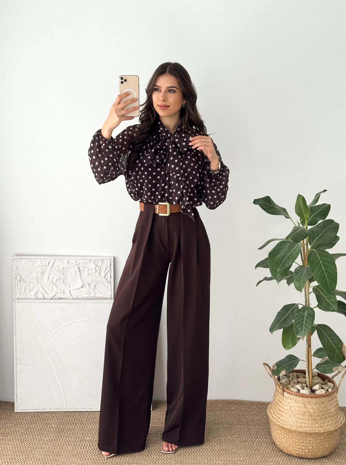 DOUBLE KUMAŞ KEMERLİ BORDO KUMAŞ PANTALON