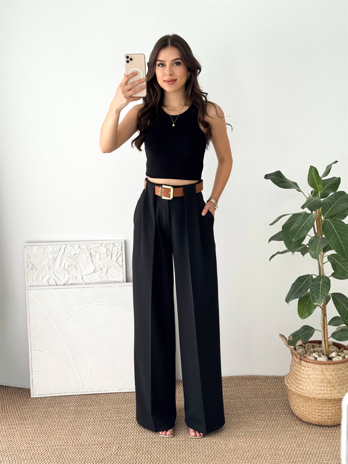 DOUBLE KUMAŞ KEMERLİ SİYAH KUMAŞ PANTALON