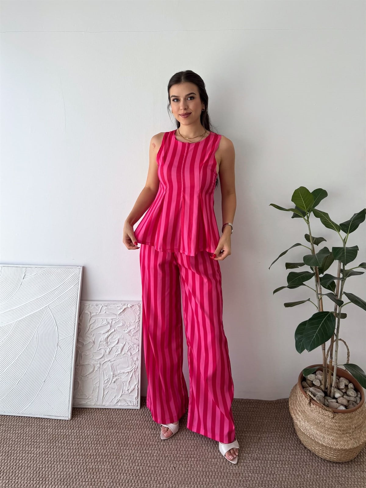 PEMBE KIRMIZI ÇİZGİLİ BLUZ PANTALON TAKIM
