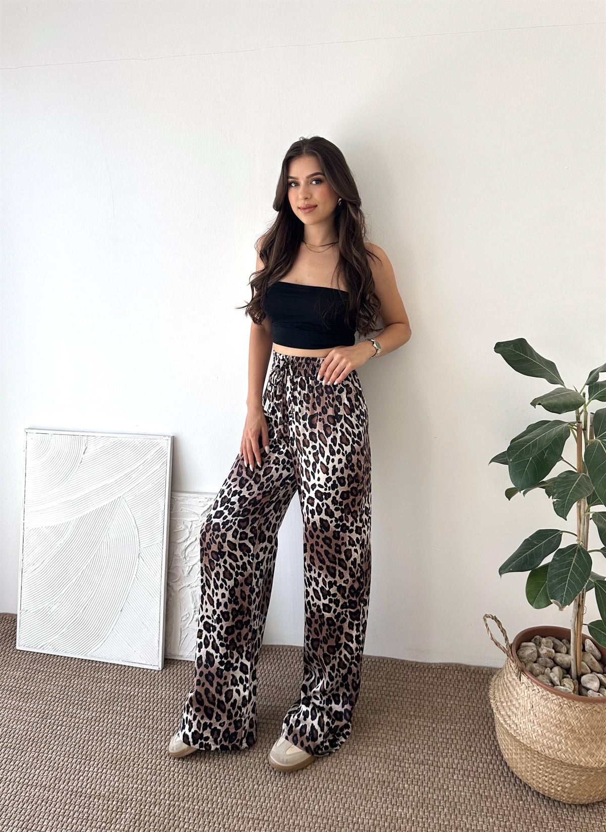 SATEN KUMAŞ AÇIK KAHVE LEOPAR DESEN PANTALON