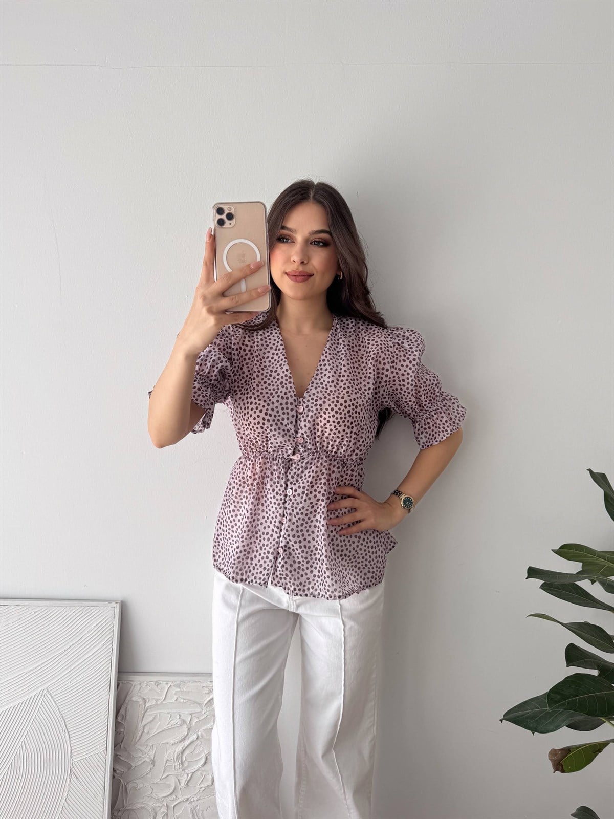 V YAKA PUANTİYE PEMBE BLUZ