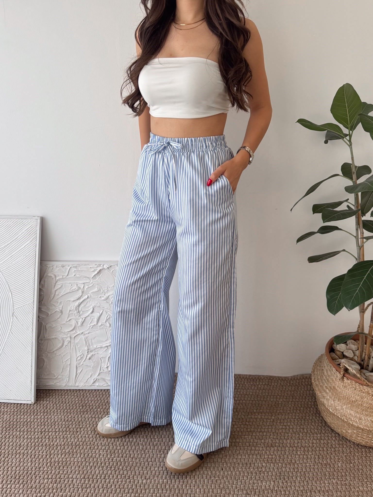 ASTARLI ÇİZGİLİ MAVİ PANTALON