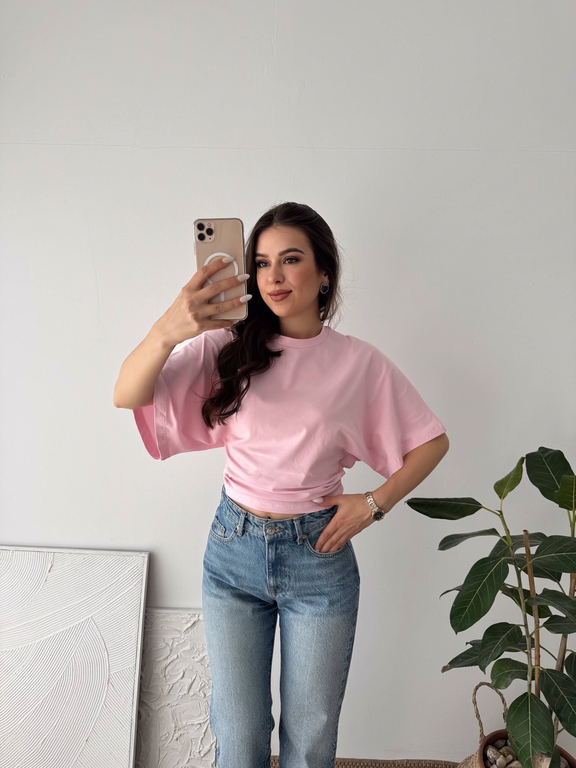 BASIC GENİŞ KOL PEMBE TŞİRT