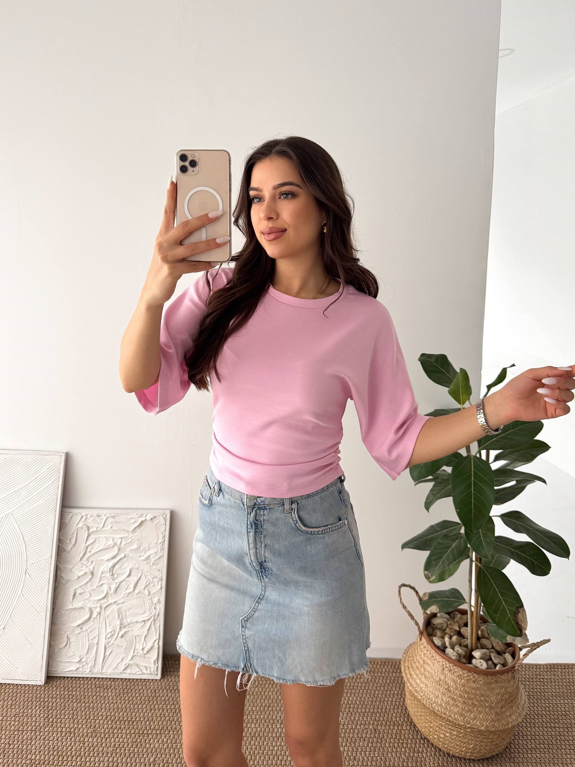 BEL BÜZGÜLÜ KISAKOL PEMBE BLUZ 