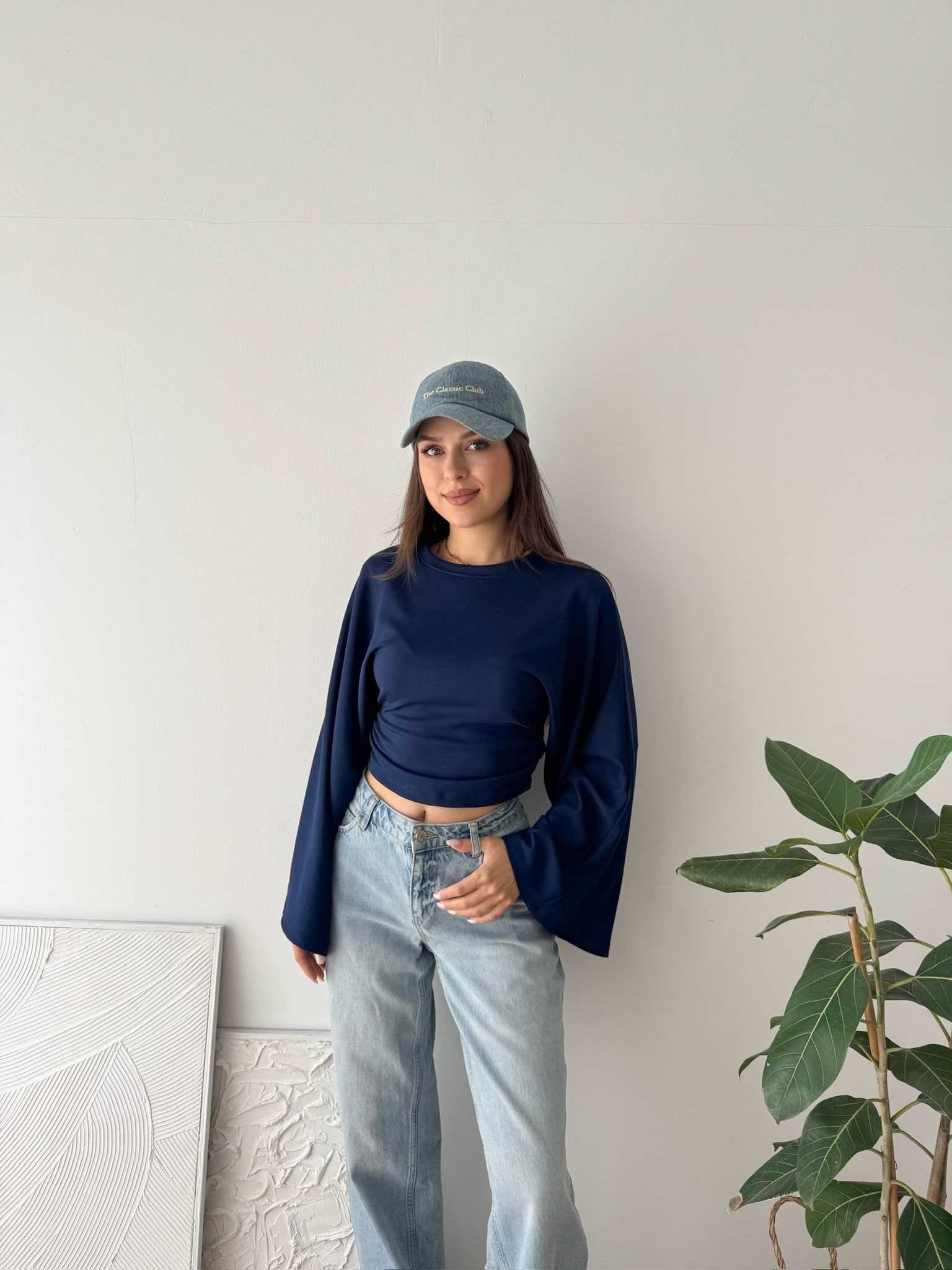 BEL BÜZGÜLÜ UZUN KOL LACİVERT  BLUZ