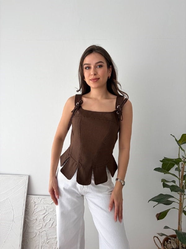 DOKUMA TASARIM KAHVERENGİ BLUZ