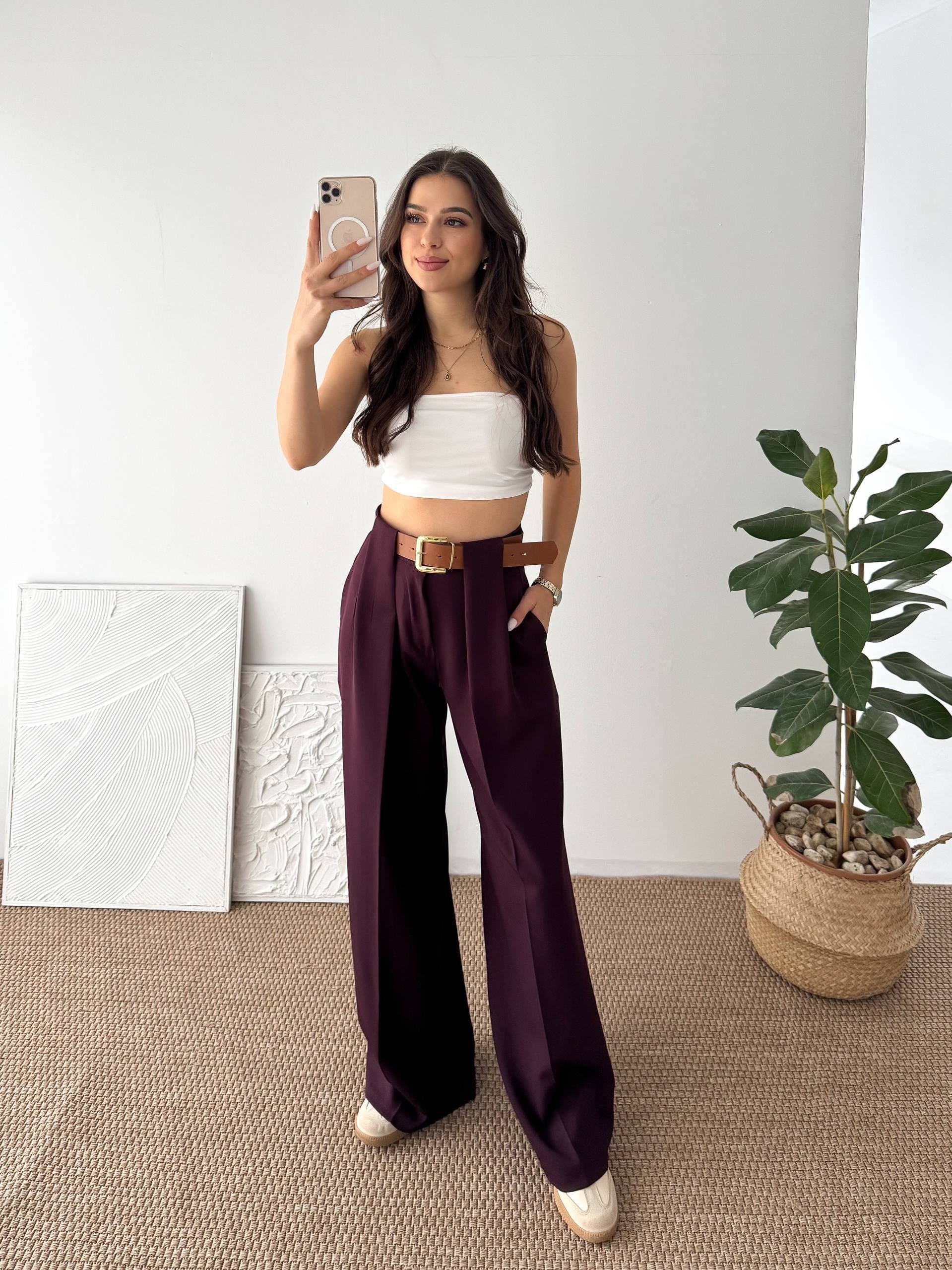 DOUBLE KUMAŞ KEMERLİ BORDO KUMAŞ PANTALON
