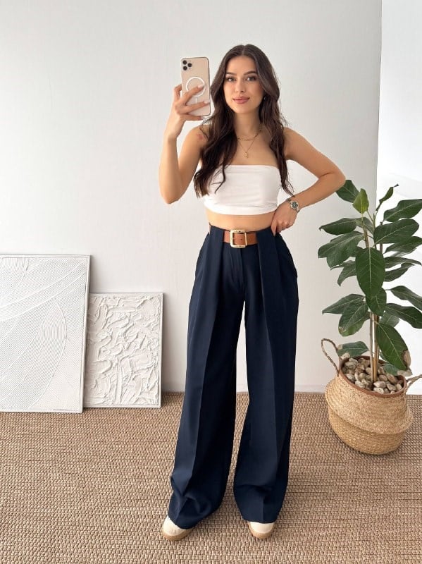DOUBLE KUMAŞ KEMERLİ LACİVERT KUMAŞ PANTALON
