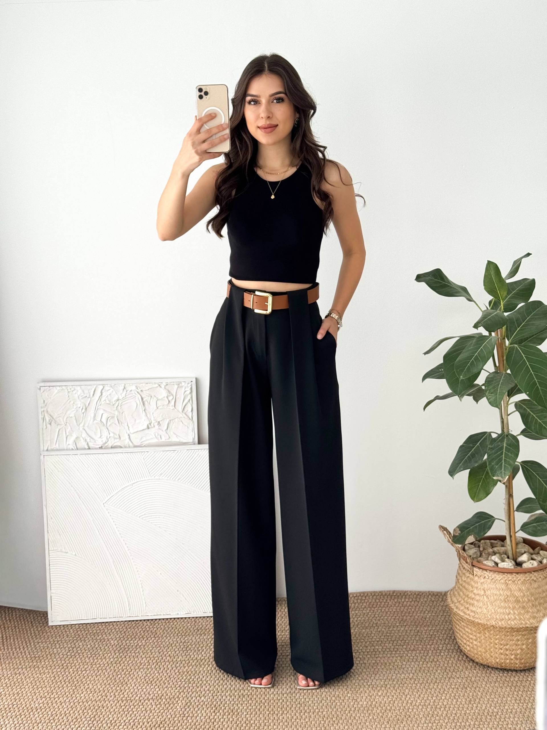 DOUBLE KUMAŞ KEMERLİ SİYAH KUMAŞ PANTALON