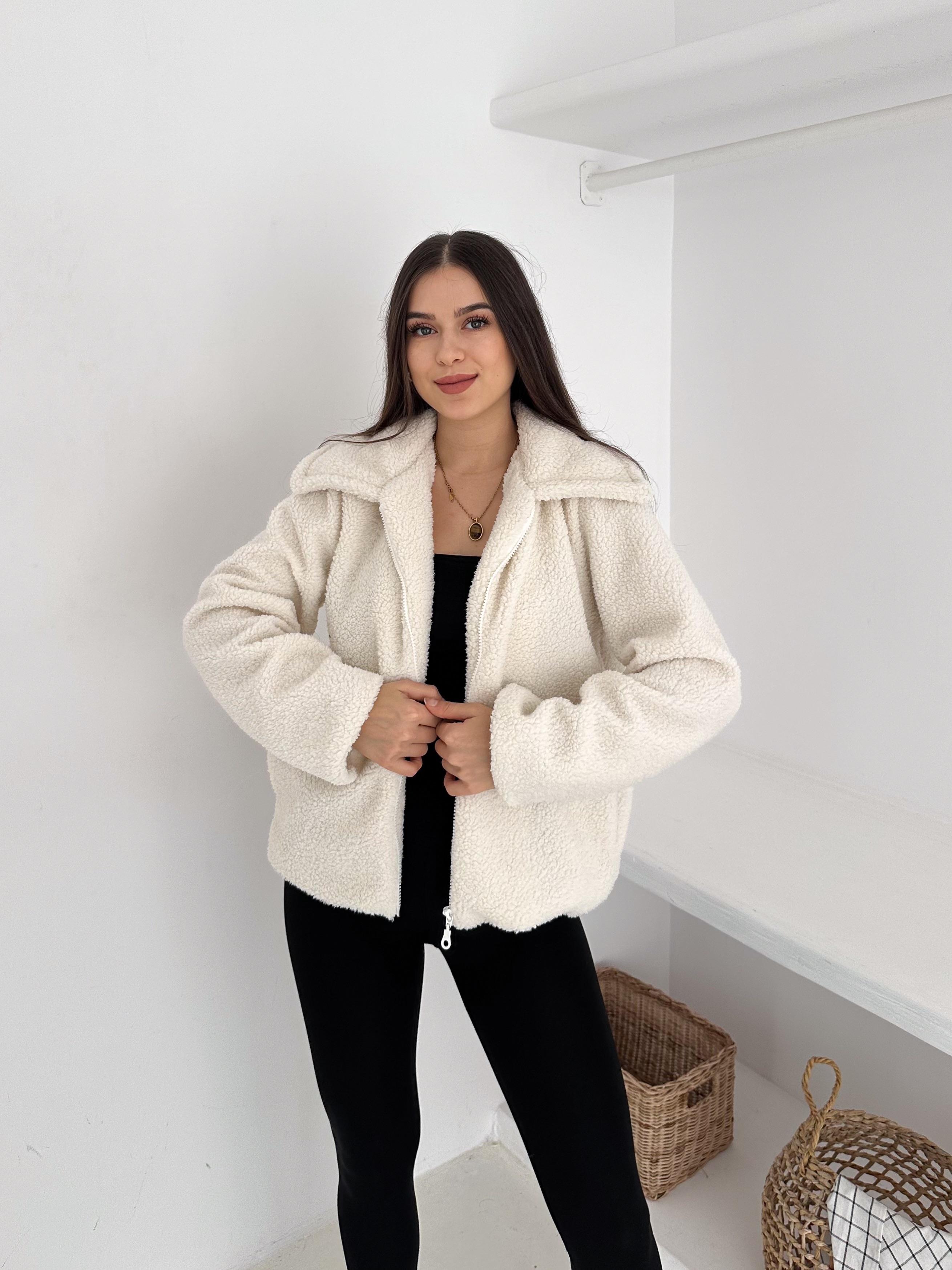 İÇİ ASTARLI FERMUAR DETAY BEYAZ YAKALI PELUŞ CEKET