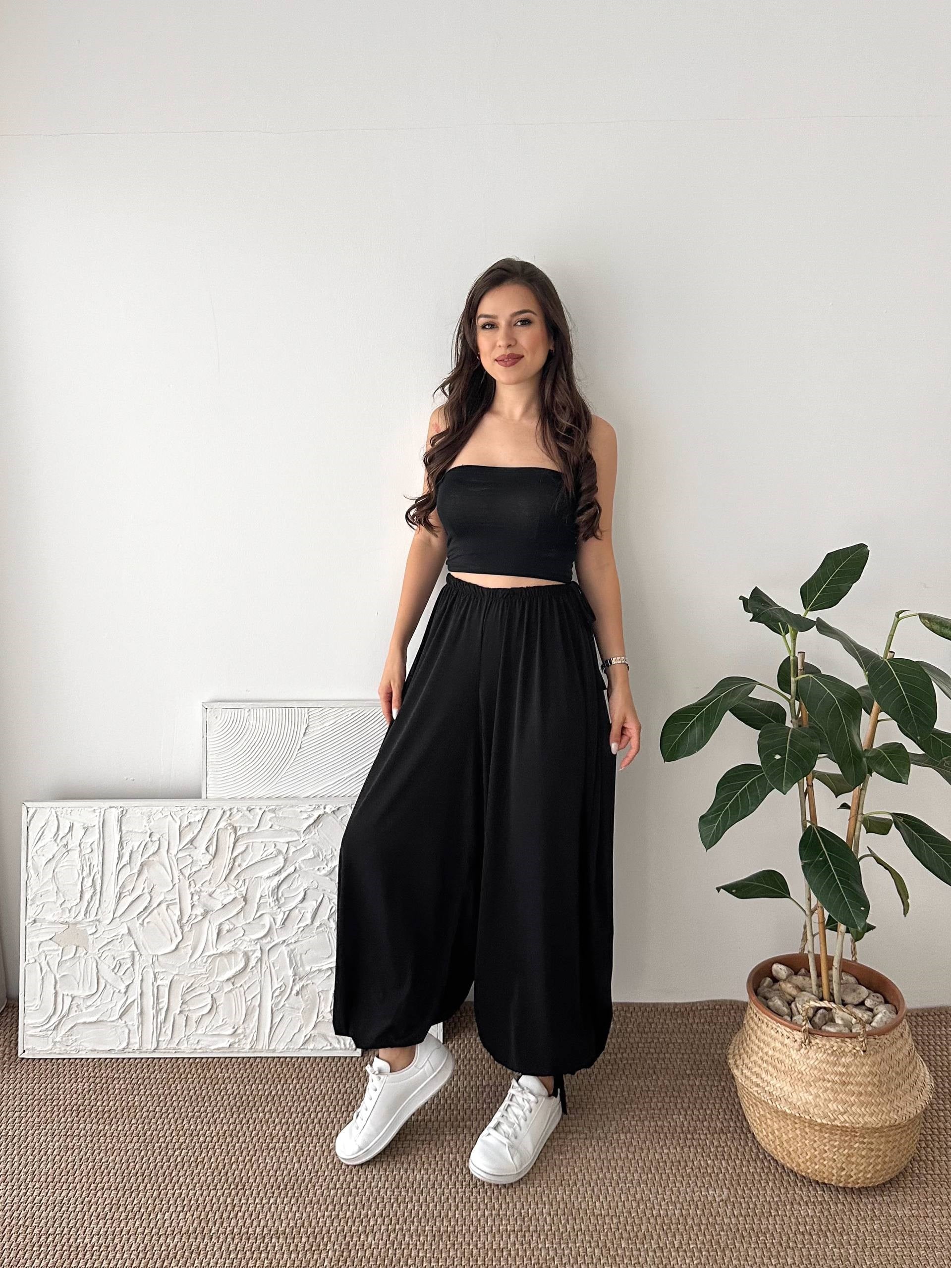 PAÇA LASTİK SİYAH ŞALVAR PANTALON