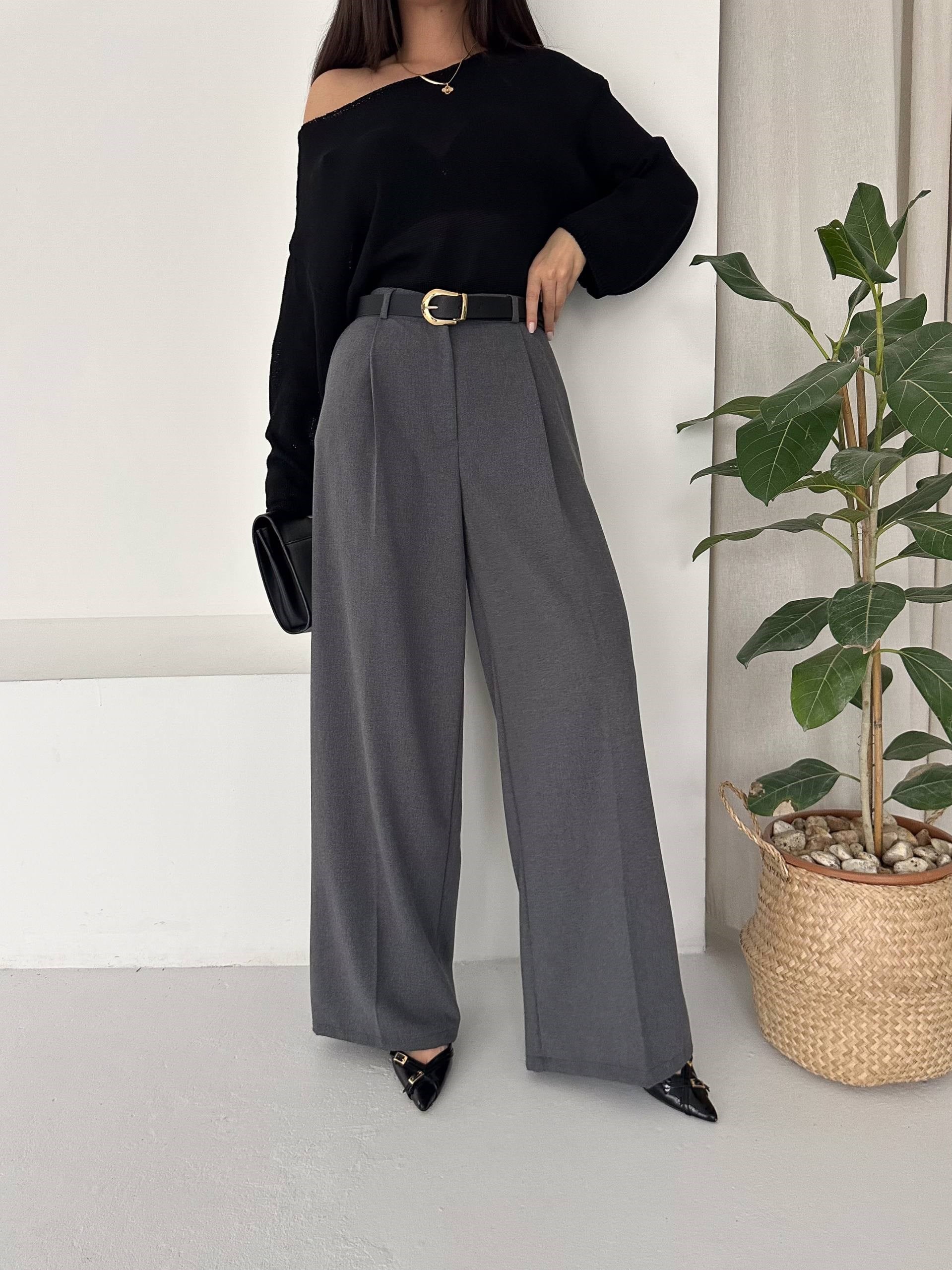 POLİVİSKON KEMERLİ GRİ PANTALON