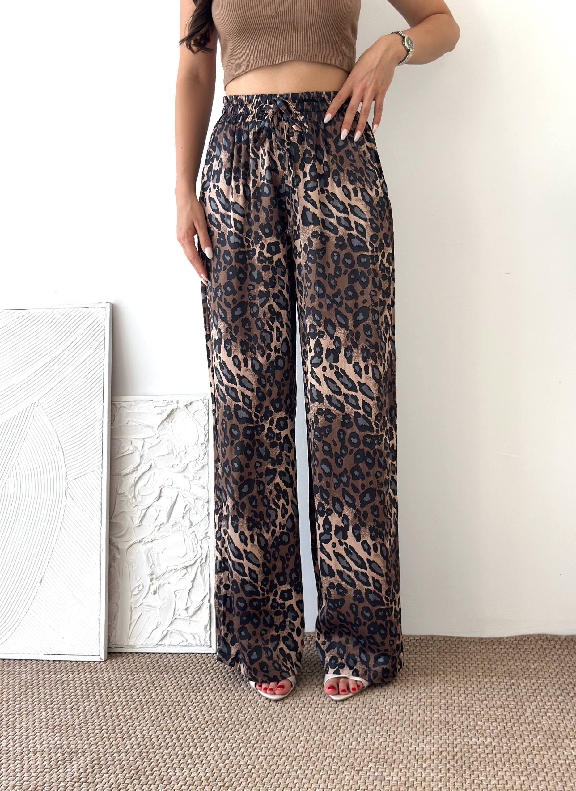 SATEN KUMAŞ KAHVE LEOPAR DESEN PANTALON