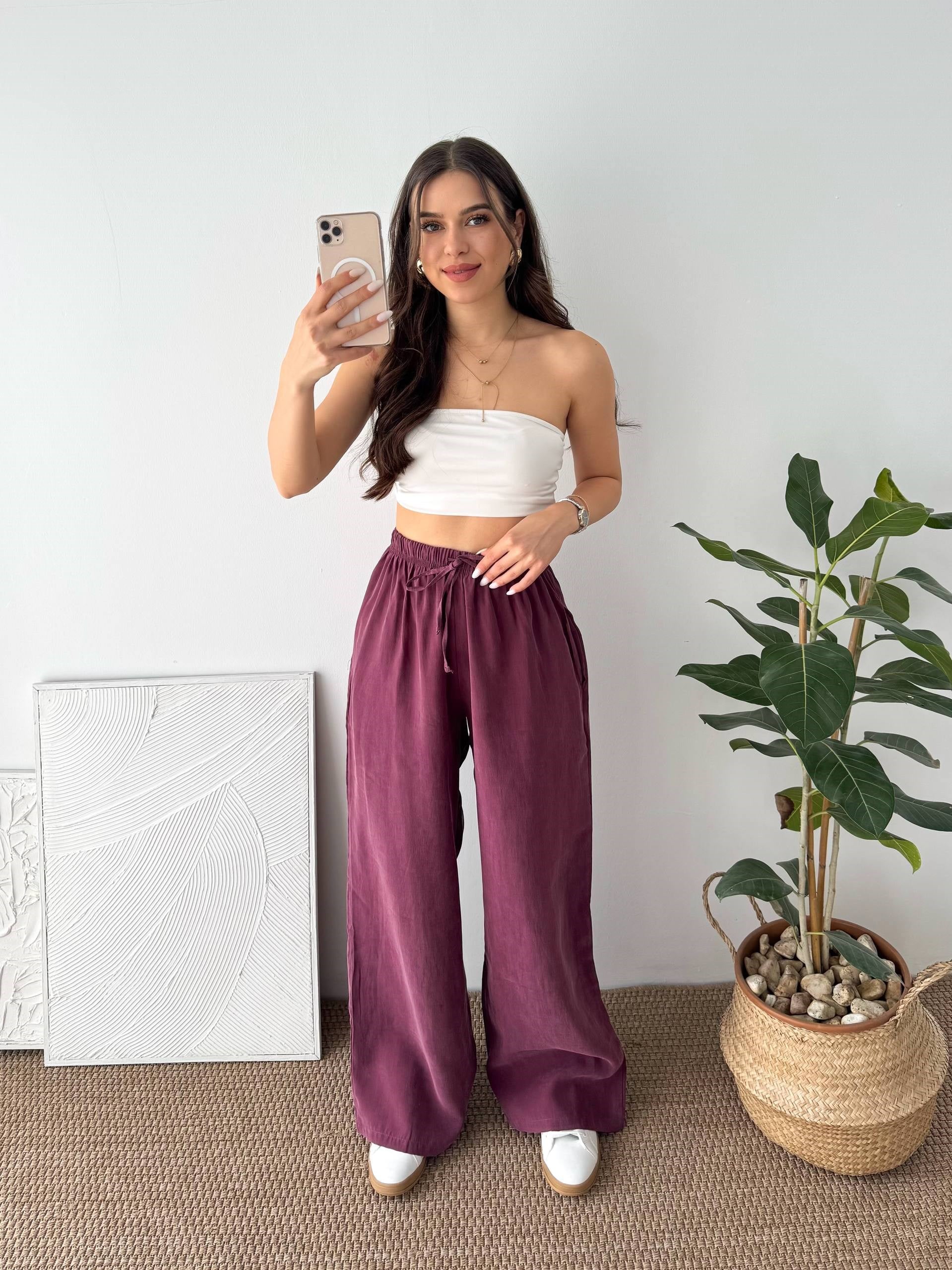 SOFT DOKULU BORDO KUMAŞ PANTALON