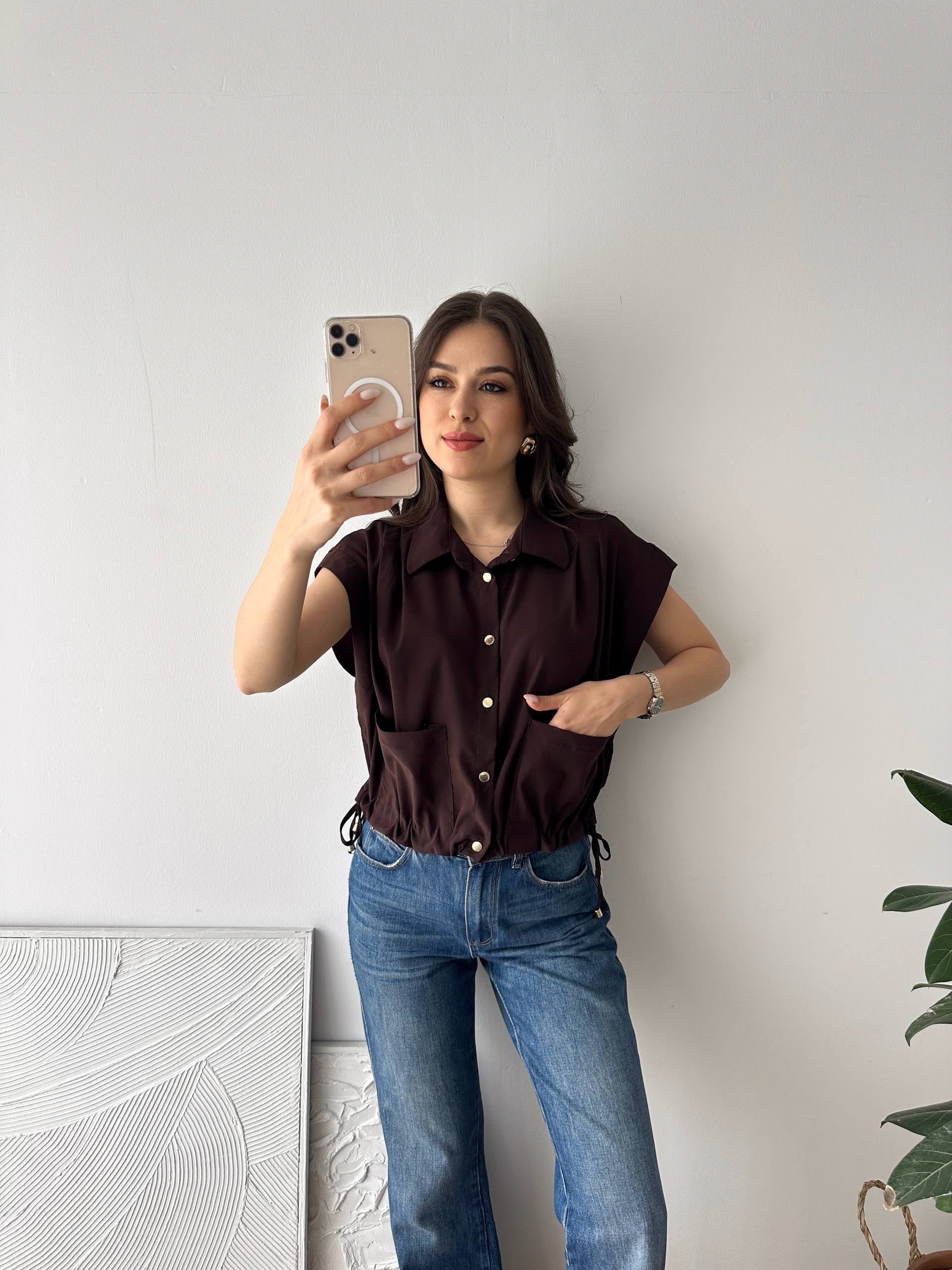 TORBA CEPLİ KISA KAHVERENGİ YELEK